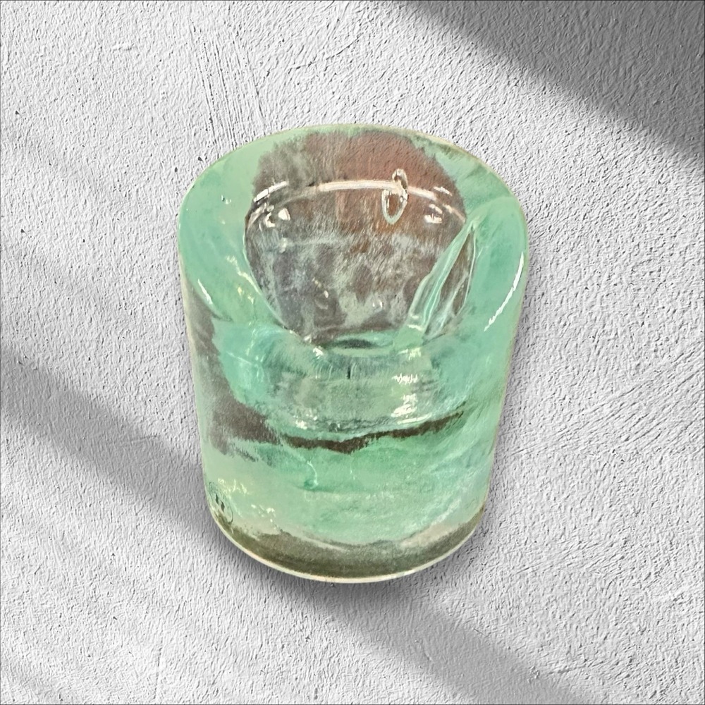 Reijmyre Sweden Round Sea Blue/Clear Glass Votive Candle Holder 3"x 3"